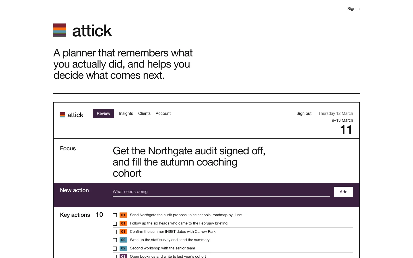 The attick front page, with a specimen week