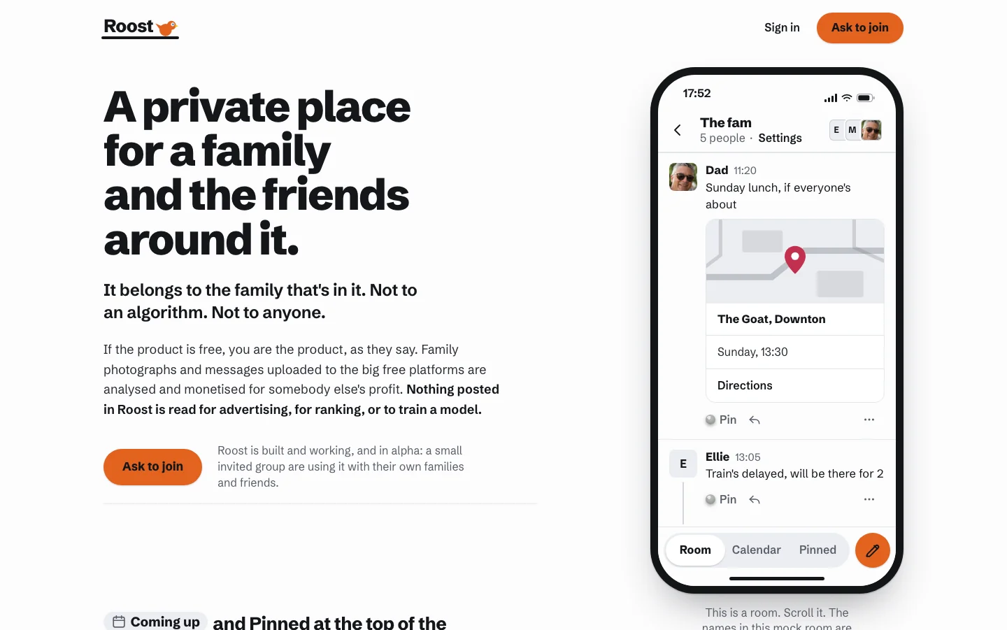 The Roost front page, with a family room on a phone