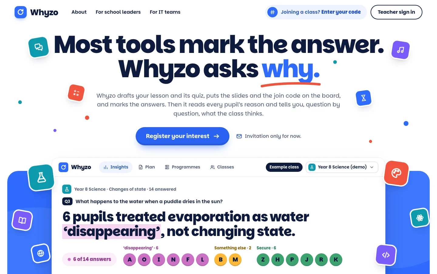 The Whyzo front page: most tools mark the answer, Whyzo asks why