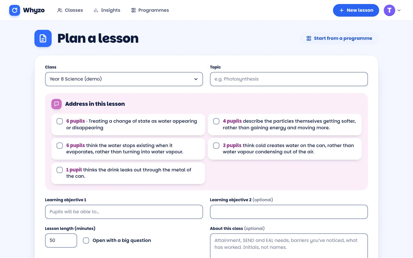 Planning a lesson in Whyzo, with misconceptions from the last quiz to address