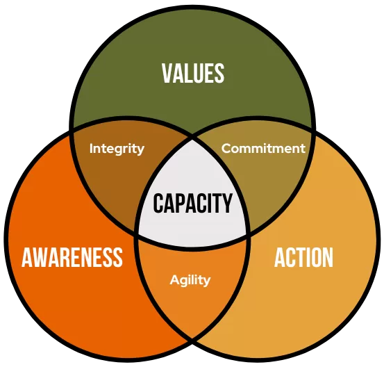 Venn diagram of three circles: values, awareness and action. Values and awareness overlap as integrity, values and action as commitment, awareness and action as agility. Capacity sits where all three meet.